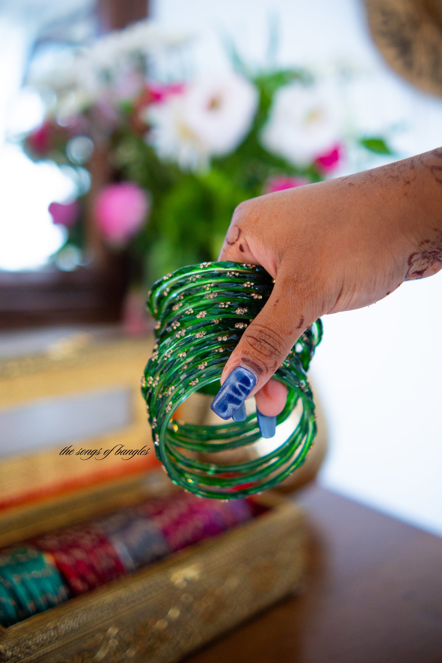 "Green" Stone Dotted Glass Bangles