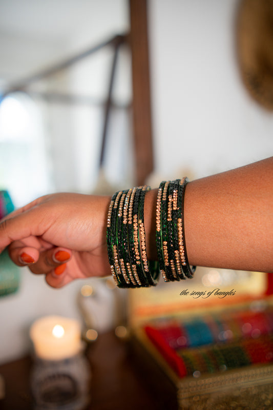 "Green Forest" Stone Studded Glass Bangles