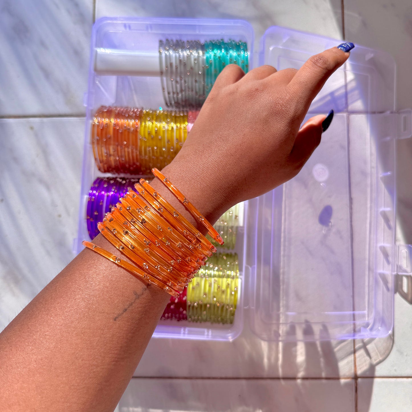 "Marigold Fire Orange" 3 Stone Glass Bangles