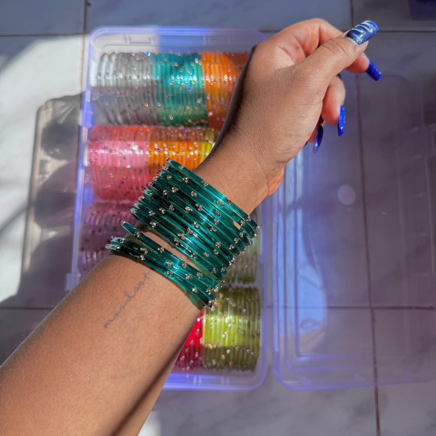 Blue “002” 3 Stone Glass Bangles