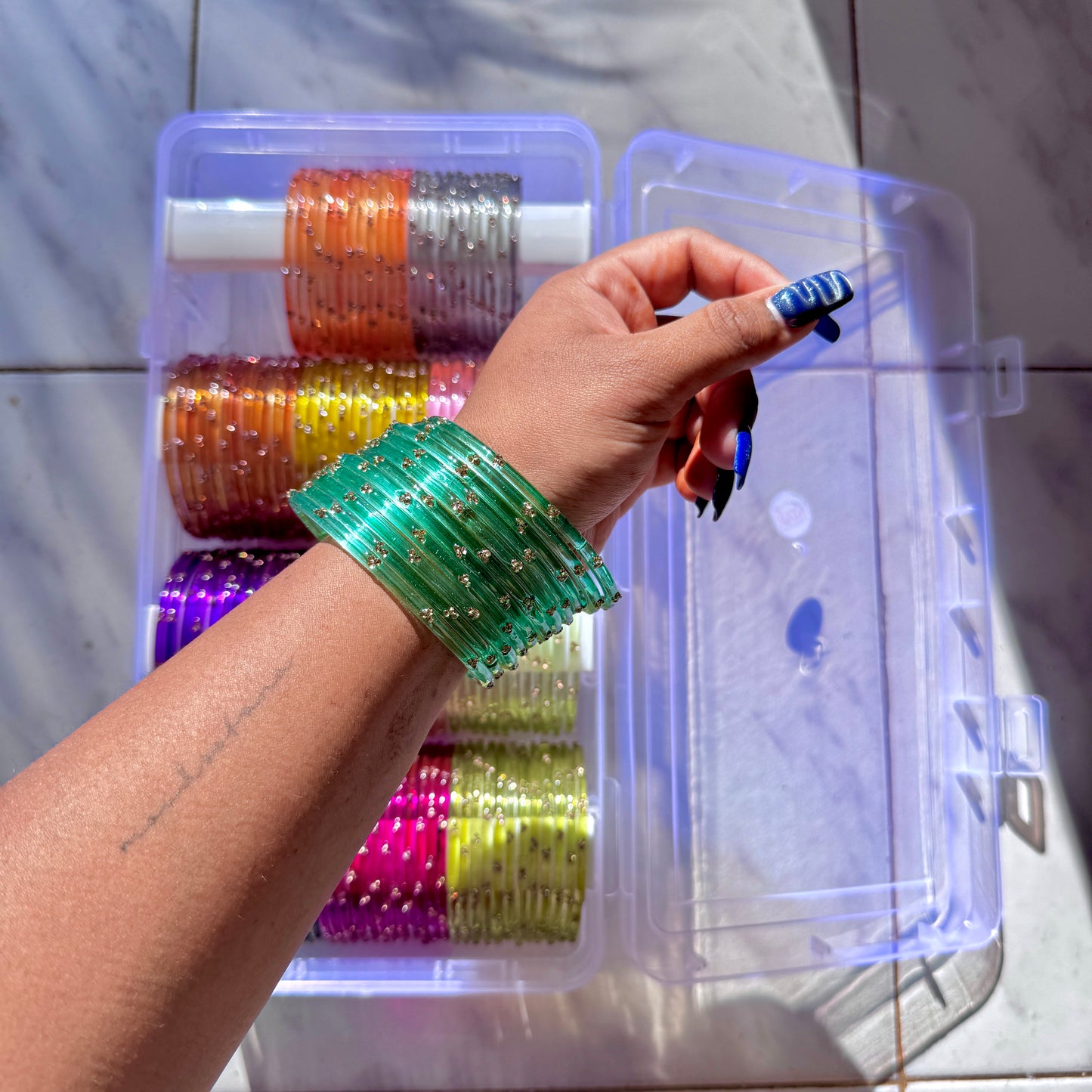 "Transparent Blue" 3 Stone Glass Bangles