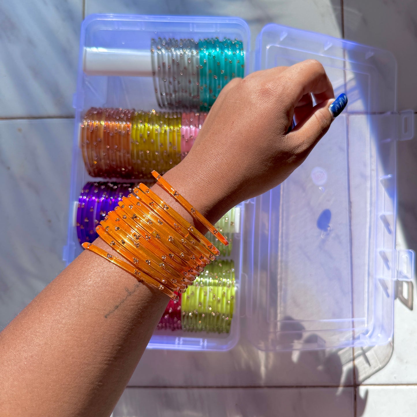 "Marigold Fire Orange" 3 Stone Glass Bangles