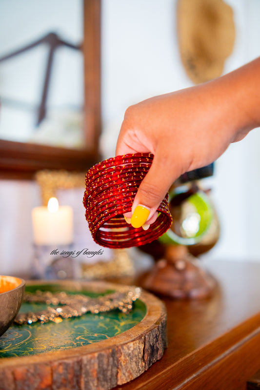 "Deep Red" Gold Dewdrop Glass Bangles