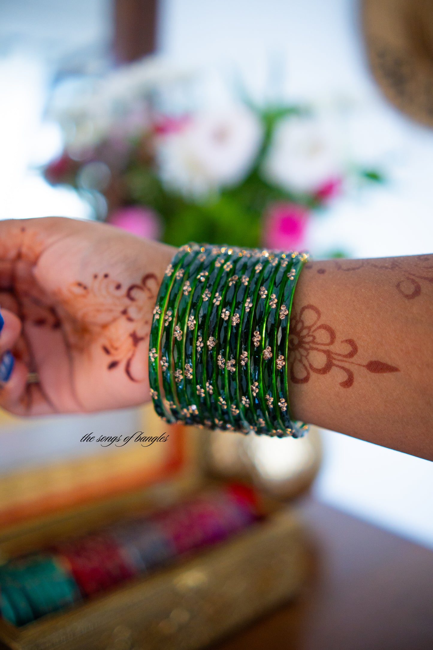 "Green" Stone Dotted Glass Bangles