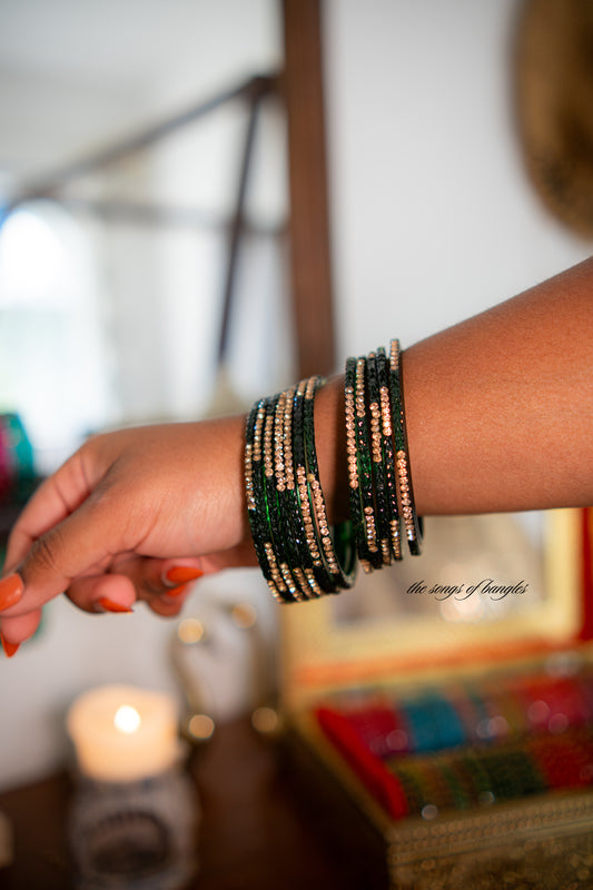 "Green Forest" Stone Studded Glass Bangles
