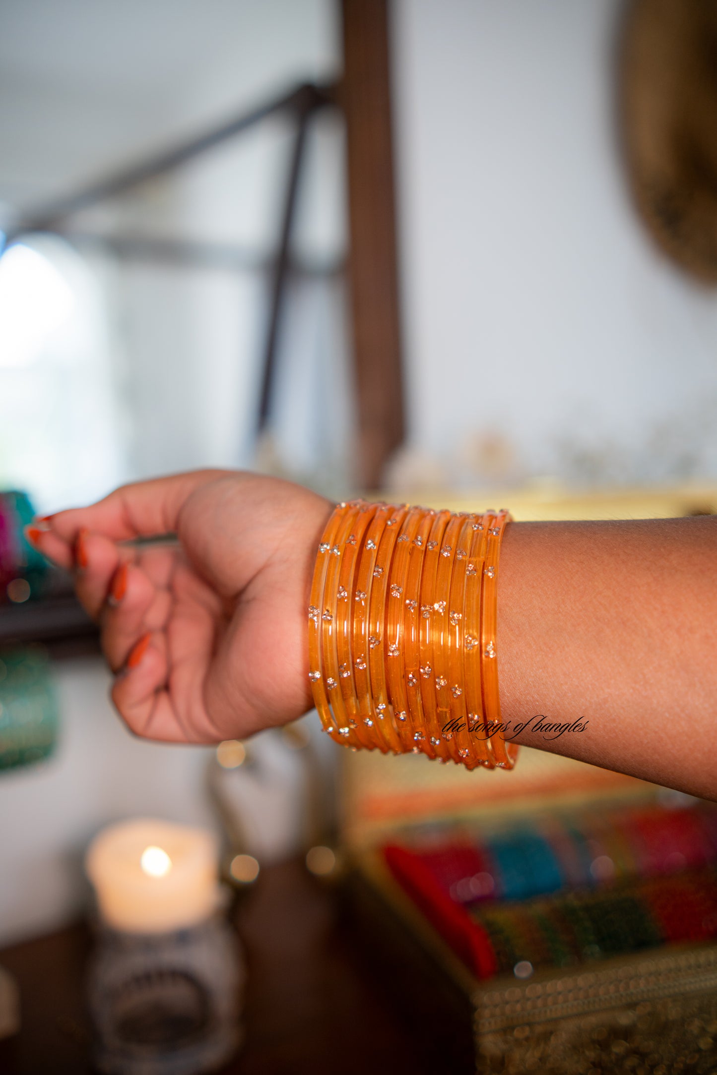 "Marigold Fire Orange" 3 Stone Glass Bangles